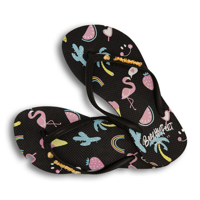 Black - Side - BeachyFeet Womens-Ladies La Fiesta Flip Flops