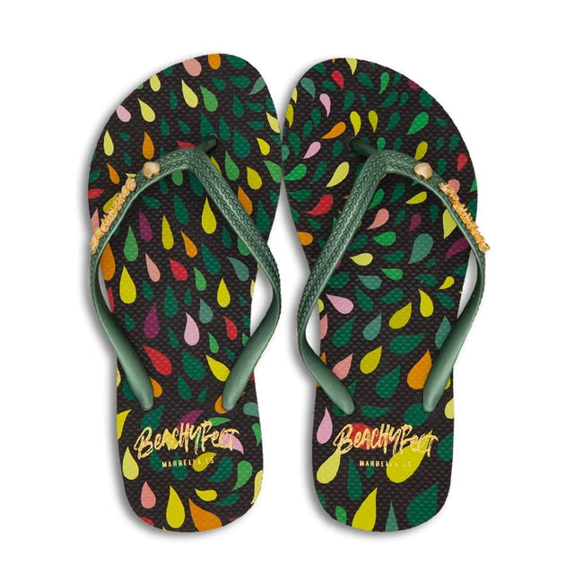 Black-Green-Yellow - Front - BeachyFeet Womens-Ladies Primavera Flip Flops