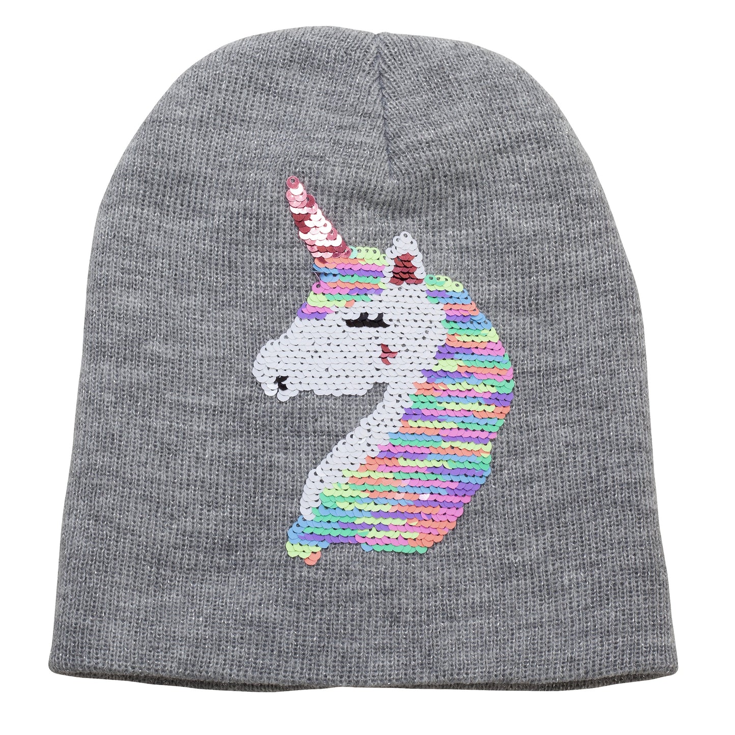 Grey - Back - Childrens Girls Reversible Unicorn Sequins Beanie Hat