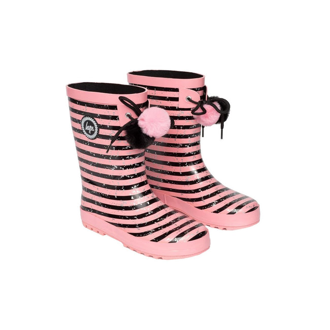 Black-Pink - Front - Hype Girls Striped Pom Pom Wellies