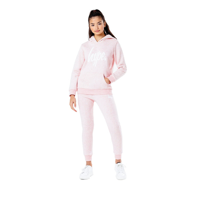 Light Pink-White Melange - Front - Hype Childrens-Kids Script Hoodie And Joggers Set