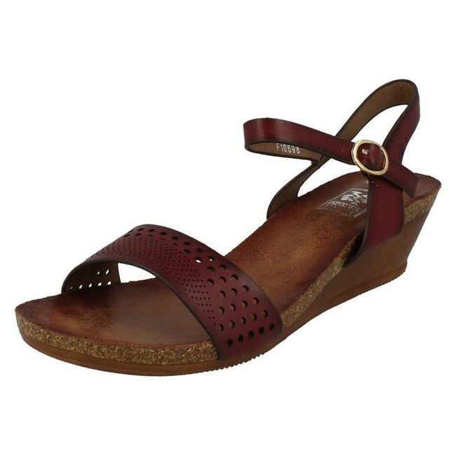 Wine - Close up - Down To Earth Womens-Ladies Mid Wedge Punched Upper Sandals