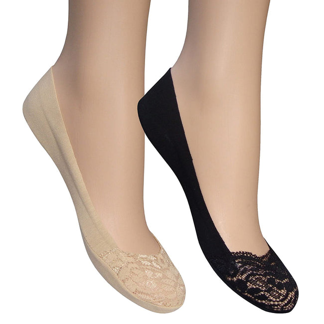 Assorted - Back - Silky Womens-Ladies Cotton Lace Toe Footlets (2 Pairs - Black-Natural Assorted)