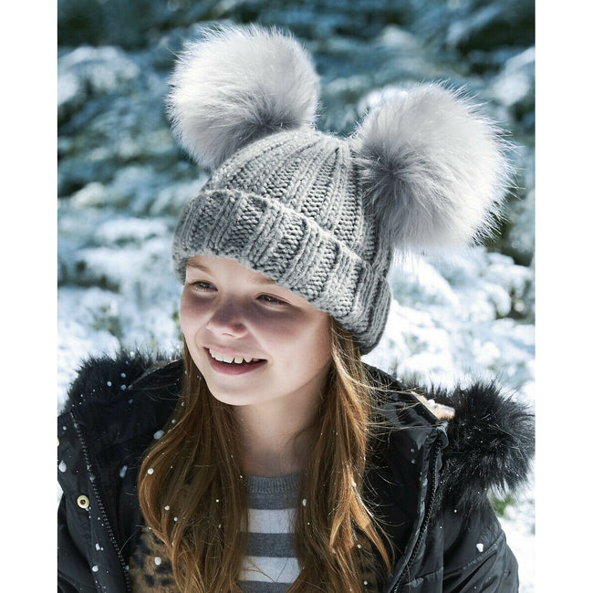 Light Grey - Side - Beechfield Childrens-Kids Faux Fur Double Pom Pom Beanie