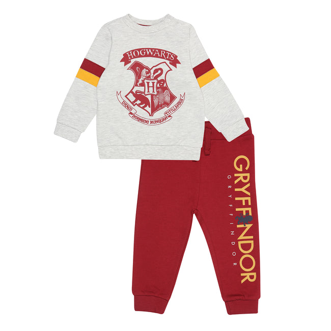 Heather Grey-Red - Front - Harry Potter Boys Hogwarts Crest Sweatsuit Set (Jumper & Trousers)
