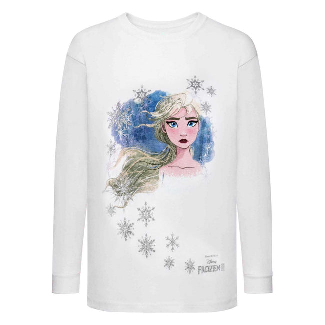 White - Front - Frozen II Girls Sketch Elsa Snowflake T-Shirt