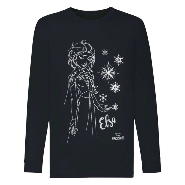Black - Front - Frozen II Girls Disney Elsa Snowflake Long-Sleeved T-Shirt
