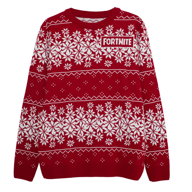 Burgundy-White - Front - Fortnite Girls Fair Isle Knitted Christmas Jumper