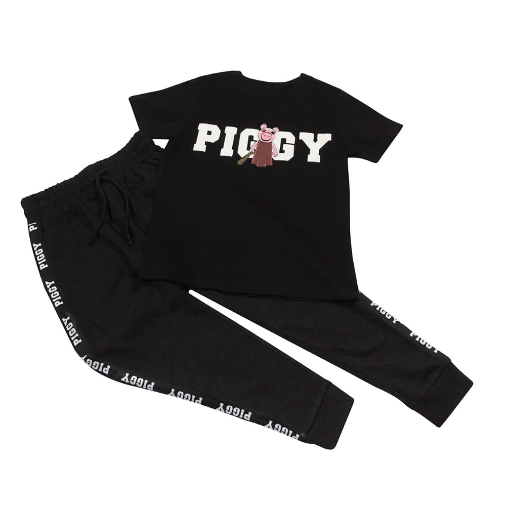 Black - Back - Piggy Girls Baseball Bat Logo T-Shirt & Jogging Bottoms Set