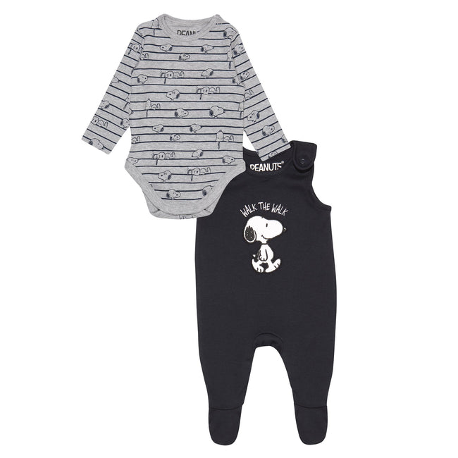 Black-Grey - Front - Peanuts Boys Walk The Walk Snoopy Sleepsuit Set