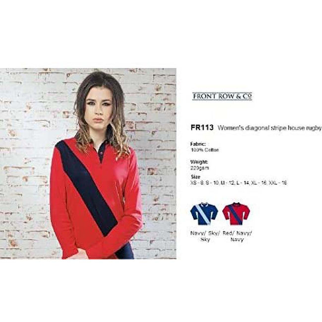 Red- Navy- Navy - Lifestyle - Front Row Womens-Ladies Diagonal Stripe House Rugby Polo Shirt