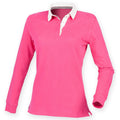Bright Pink - Front - Front Row Womens-Ladies Premium Long Sleeve Rugby Shirt-Top