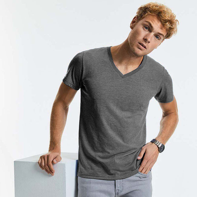 Green Marl - Front - Russell Mens Short Sleeve V-Neck HD T-Shirt