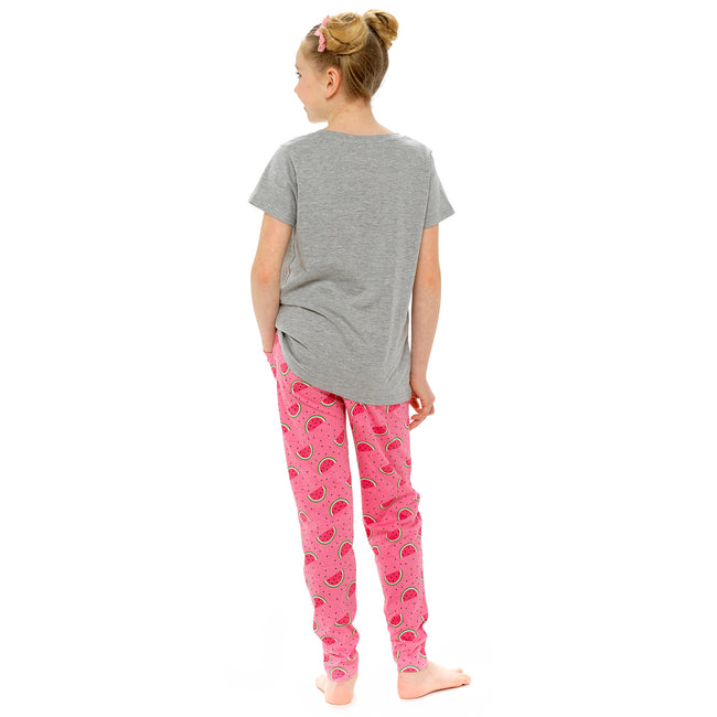 Pink-Grey - Back - Foxbury Girls Melon Print Top And Leggings Pyjama Set
