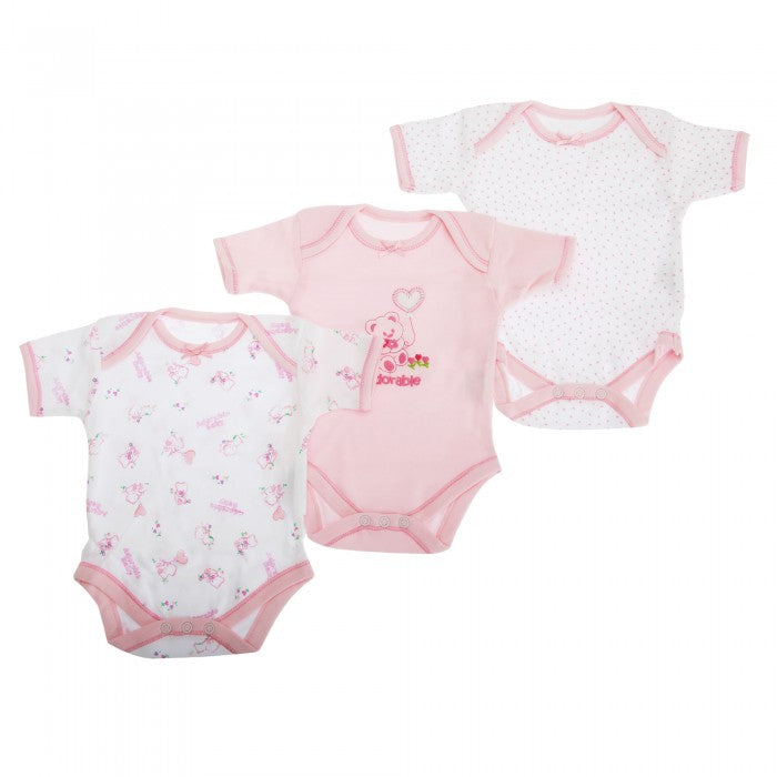 Front - Baby Bodysuits, Baby Girls Pink Bear Pattern Short Sleeve Bodysuit  (Pack Of 3)