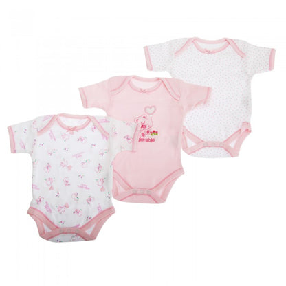 Front - Baby Bodysuits, Baby Girls Pink Bear Pattern Short Sleeve Bodysuit  (Pack Of 3)