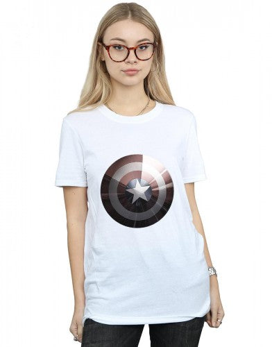 White - Back - Marvel Womens-Ladies Captain America Shield Shiny Cotton Boyfriend T-Shirt