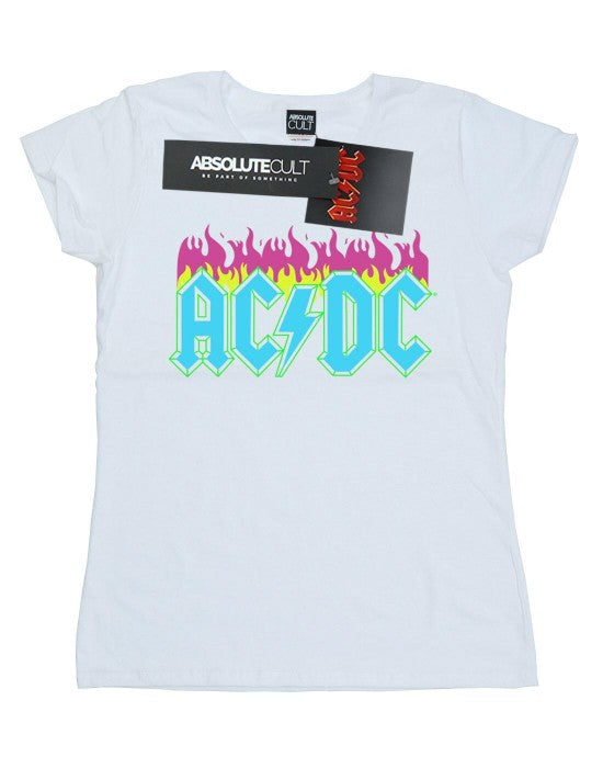 Front - AC/DC Womens/Ladies Neon Flames Cotton T-Shirt