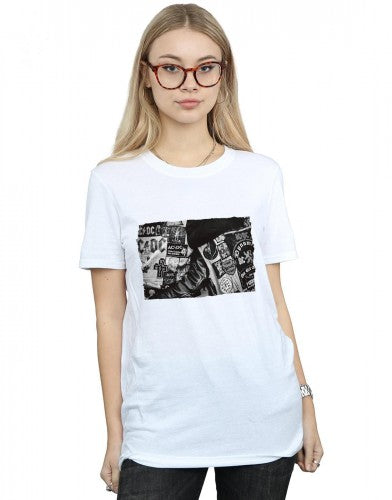 White - Back - AC-DC Womens-Ladies Badges And Posters Collection Cotton Boyfriend T-Shirt