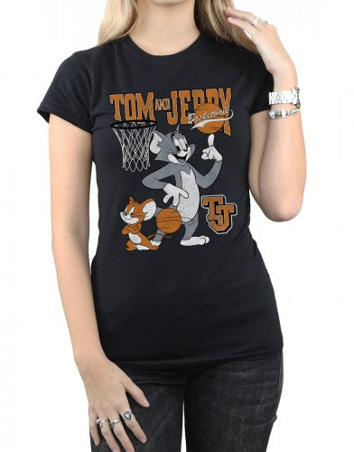 Black - Side - Tom and Jerry Womens-Ladies Spinning Basketball Cotton T-Shirt