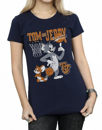Navy Blue - Side - Tom and Jerry Womens-Ladies Spinning Basketball Cotton T-Shirt