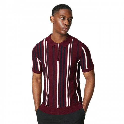 Front - Burton Mens Vertical Stripe Knitted Zip Neck Polo Shirt