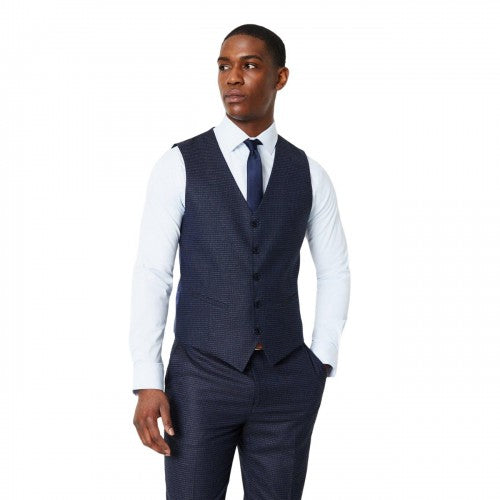 Front - Burton Mens Tonal Grid Check Slim Waistcoat