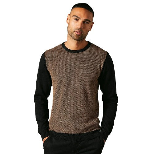 Front - Burton Mens Jacquard Crew Neck Contrast Sleeves Jumper