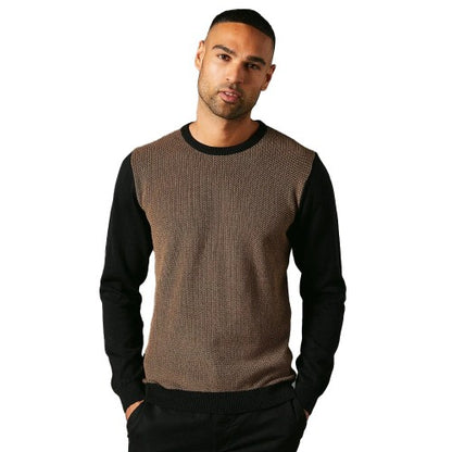 Front - Burton Mens Jacquard Crew Neck Contrast Sleeves Jumper