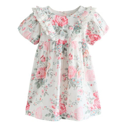 Front - Cath Kidston Girls Roses Frill Short-Sleeved Dress