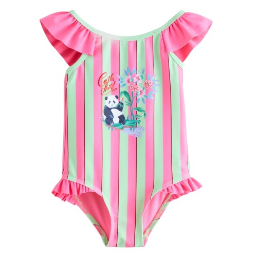 Front - Cath Kidston Girls Panda Stripes One Piece Swimsuit