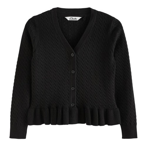Front - Clarks Girls Cable Knit Frill School Cardigan