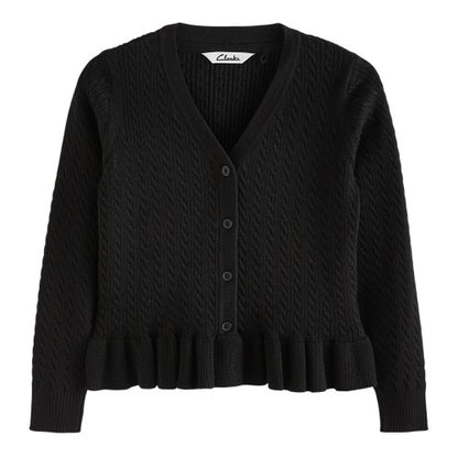 Front - Clarks Girls Cable Knit Frill School Cardigan