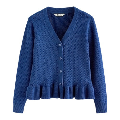 Front - Clarks Girls Cable Knit Frill School Cardigan