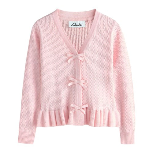 Front - Clarks Girls Bow Knitted Frill Hem Cardigan