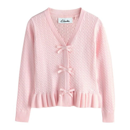 Front - Clarks Girls Bow Knitted Frill Hem Cardigan