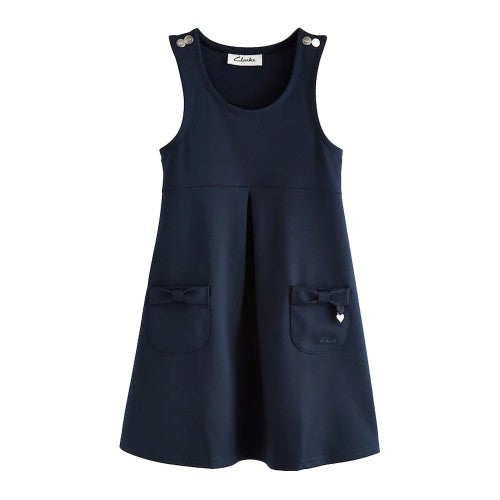 Front - Clarks Girls Ponte Button Detail Pinafore Dress