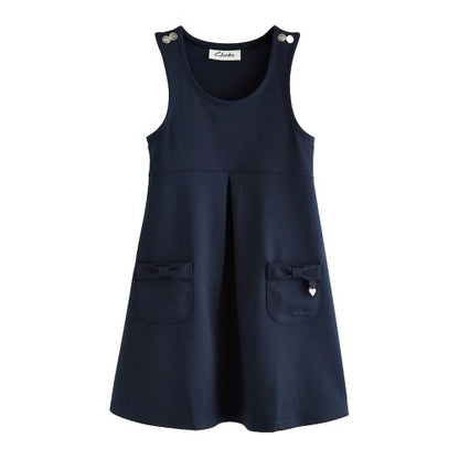 Front - Clarks Girls Ponte Button Detail Pinafore Dress