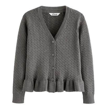 Front - Clarks Girls Cable Knit Frill Cardigan