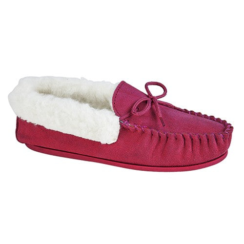 purple Suede Ladies classic Moccasin Slippers with textile lining Available  online or from our Whitchurch Hampshire