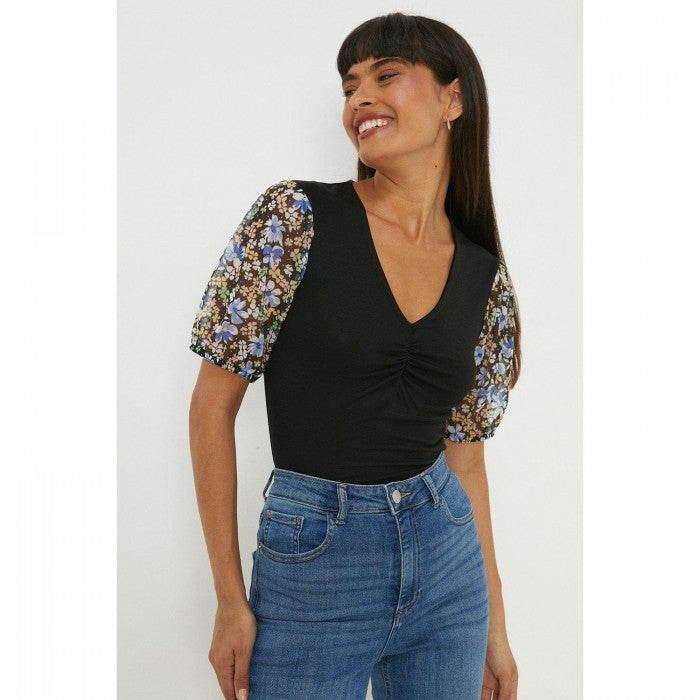Front - Dorothy Perkins Womens/Ladies Ruched Front Contrast Sleeves Top