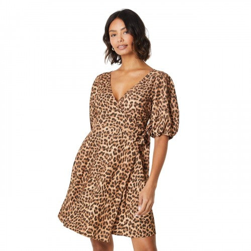 Front - Dorothy Perkins Womens/Ladies Animal Print Wrap Puff Sleeve Mini Dress