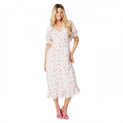 Front - Dorothy Perkins Womens/Ladies Ditsy Print V Neck Puff Sleeve Midi Dress