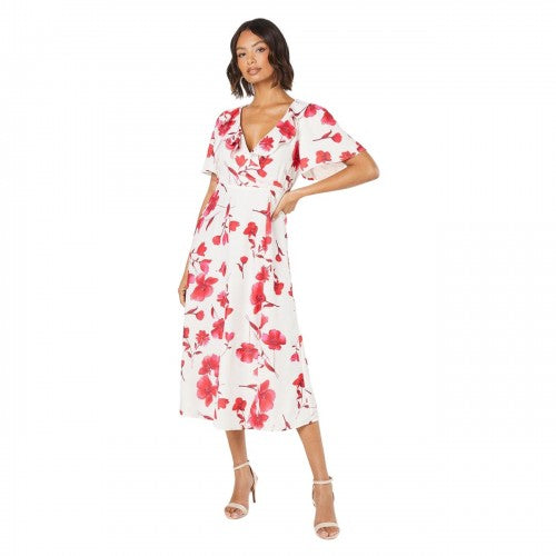 Front - Dorothy Perkins Womens/Ladies Floral Frill Neck Angel Sleeve Midi Dress