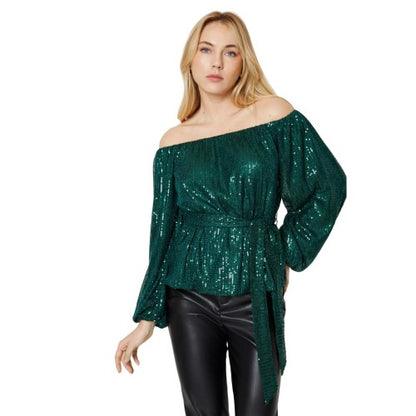 Front - Dorothy Perkins Womens/Ladies Sequin Bardot Long-Sleeved Blouse