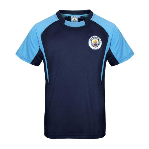 Front - Manchester City FC Boys Crest Polyester T-Shirt