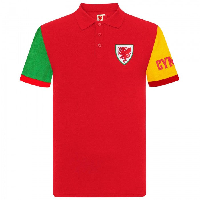 Front - Wales Cymru Mens Contrast Sleeves Polo Shirt