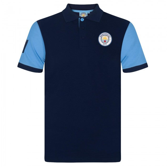 Front - Manchester City FC Boys Contrast Sleeves Polo Shirt