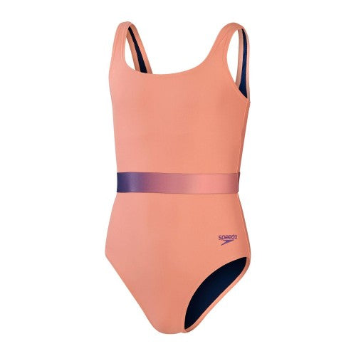 Front - Speedo Girls Belted One Piece Swimsuit
