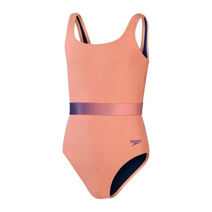Front - Speedo Girls Belted One Piece Swimsuit